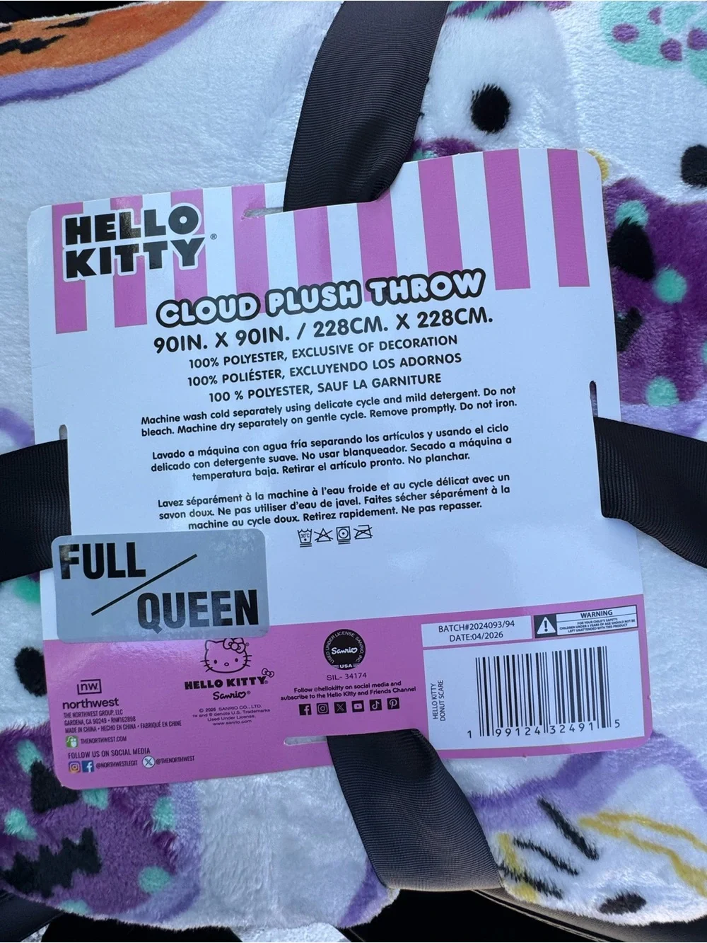 Hello Kitty White Plush Cloud Throw with Purple & Orange Accents. Full/Queen
